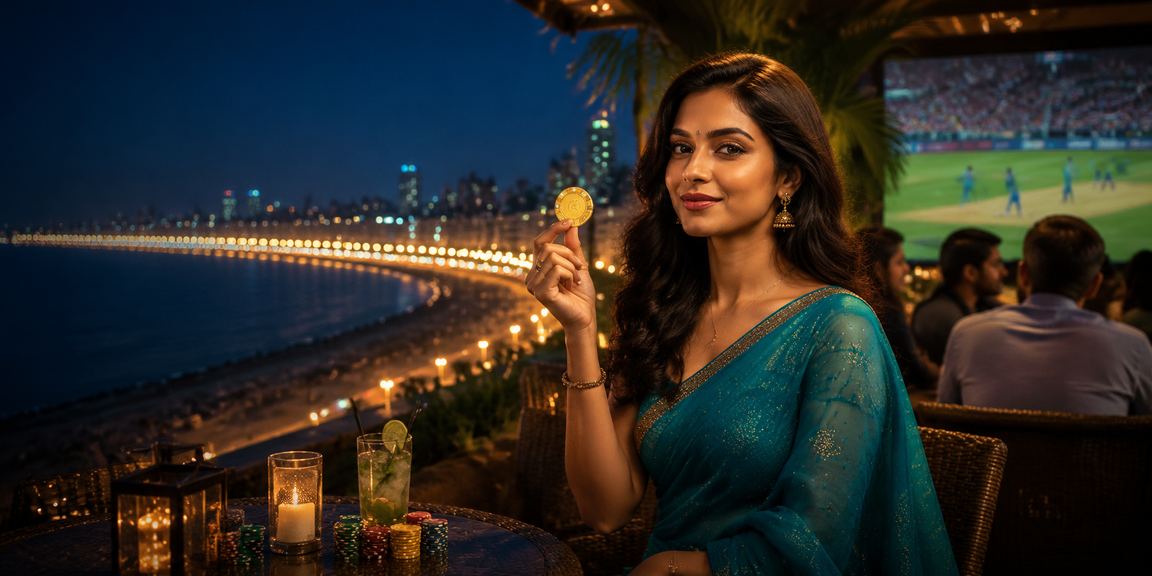 Woman using mobile for cricket betting at Mumbai Marine Drive